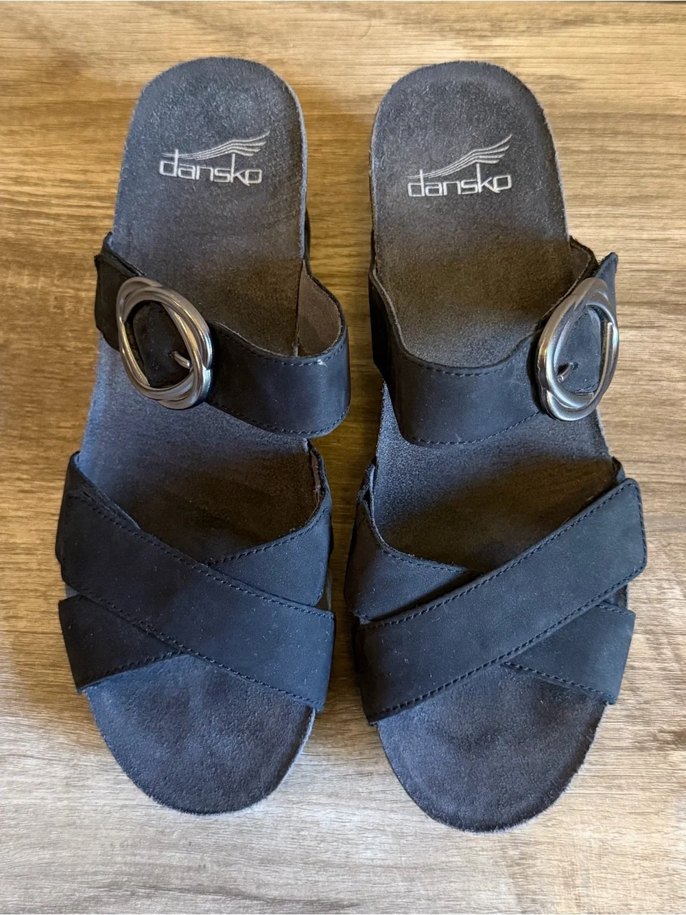 Dansko Susie slide sandals black milled nubuck leather decorative buckle
